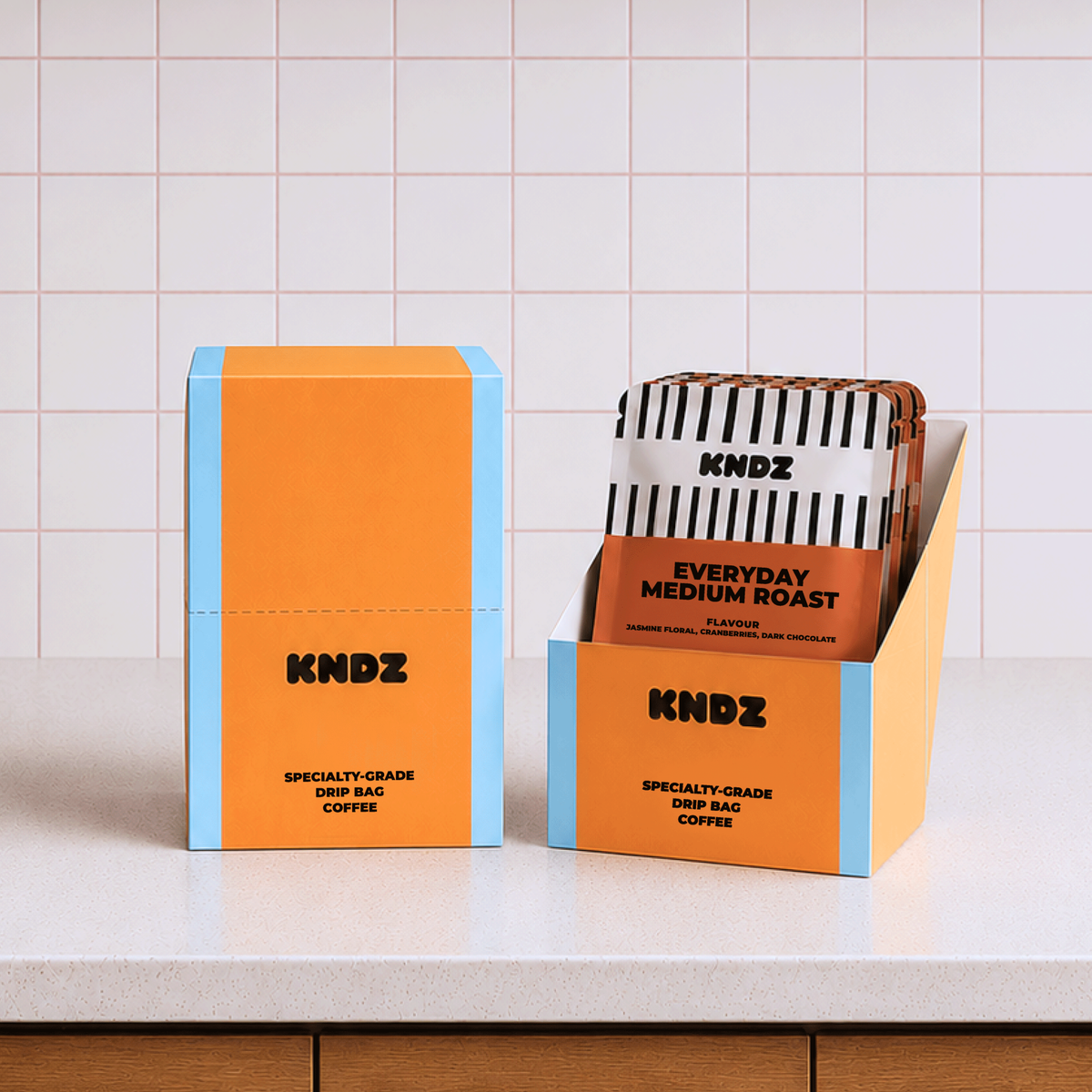 KNDZ flavoured drip bag coffees including True Maple, Caramel Glow and Vanilla Comfort