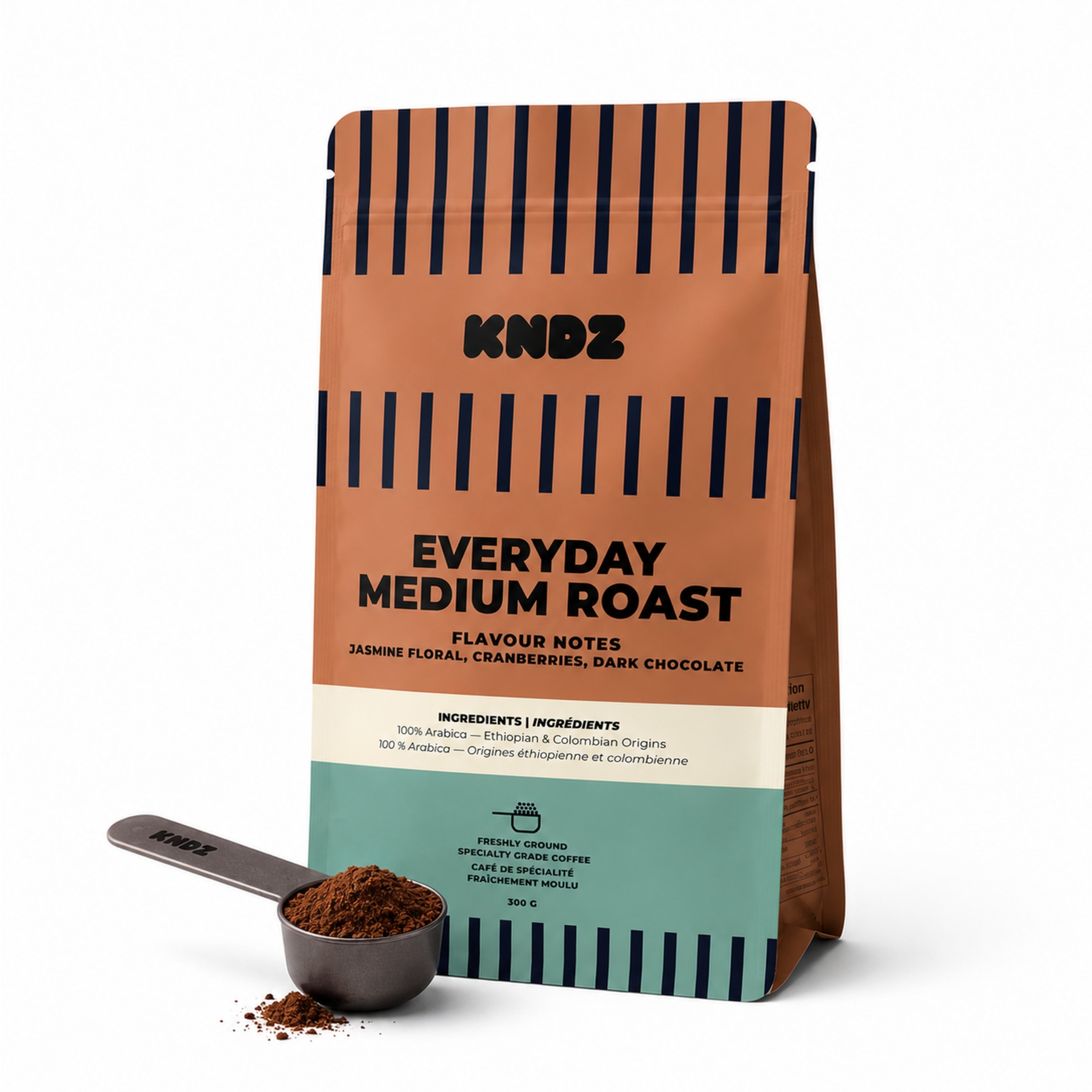 Freshly ground KNDZ coffee — comparing medium roast and dark roast