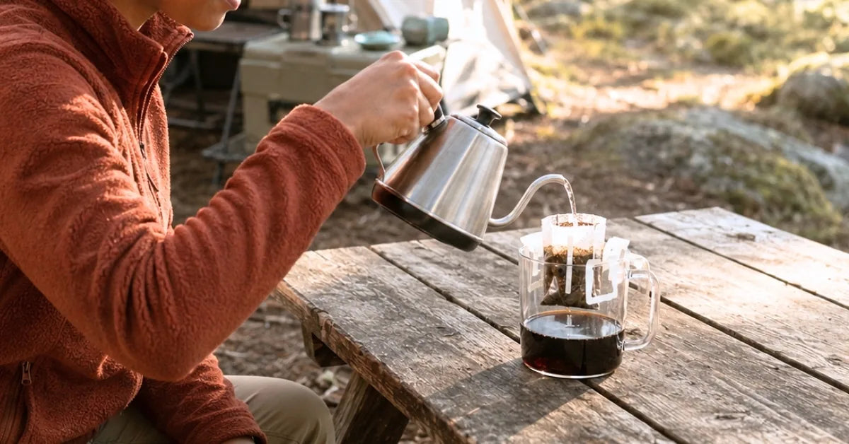 Brewing KNDZ pour-over drip bag coffee at a campsite