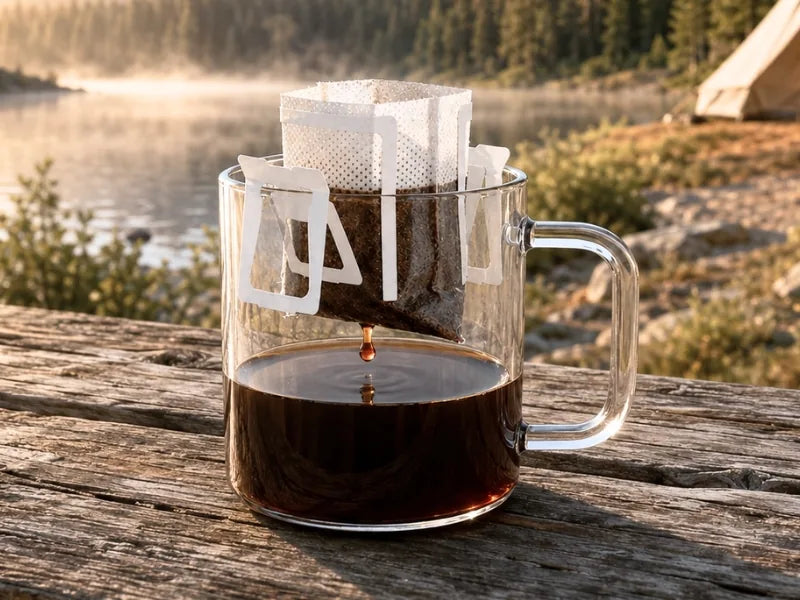 A KNDZ drip bag brewing real ground coffee outdoors, with no machine needed