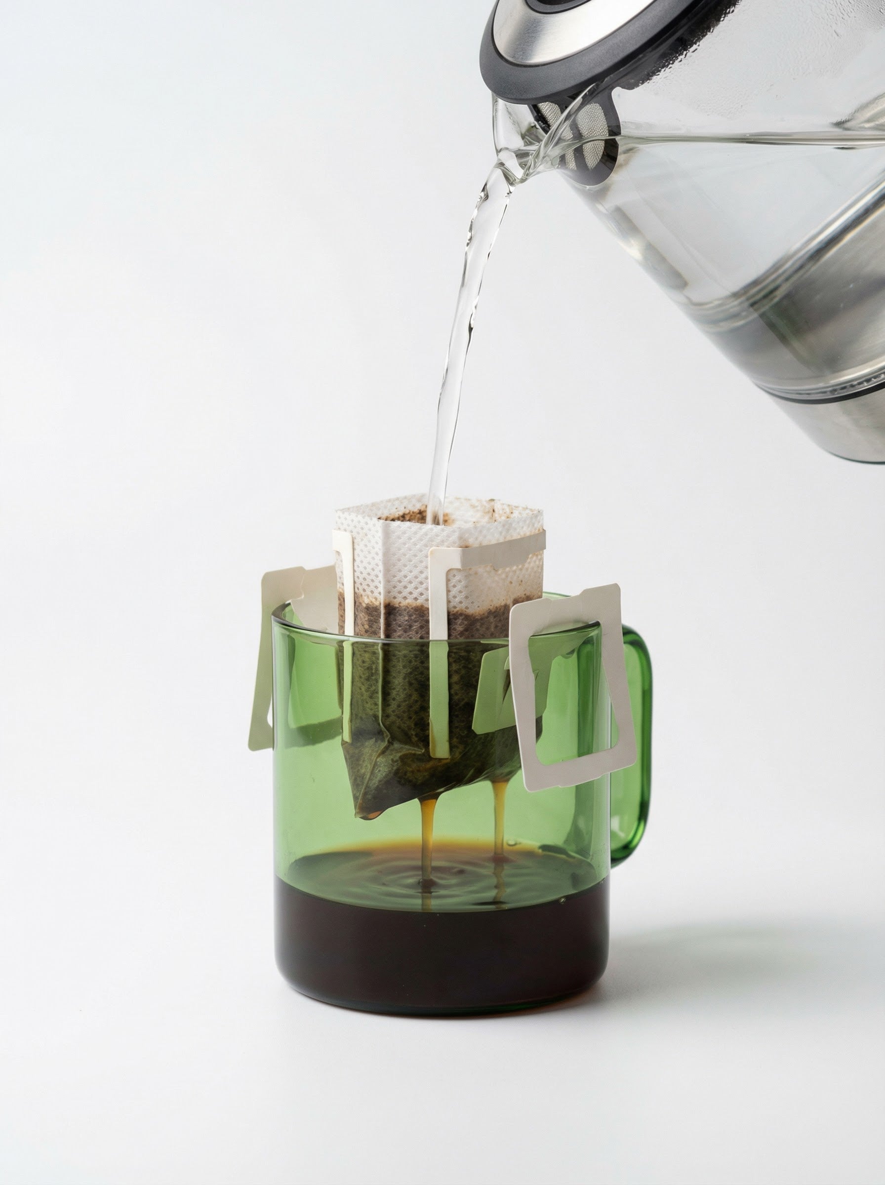 Pouring hot water into a KNDZ COFFEE pour-over drip bag