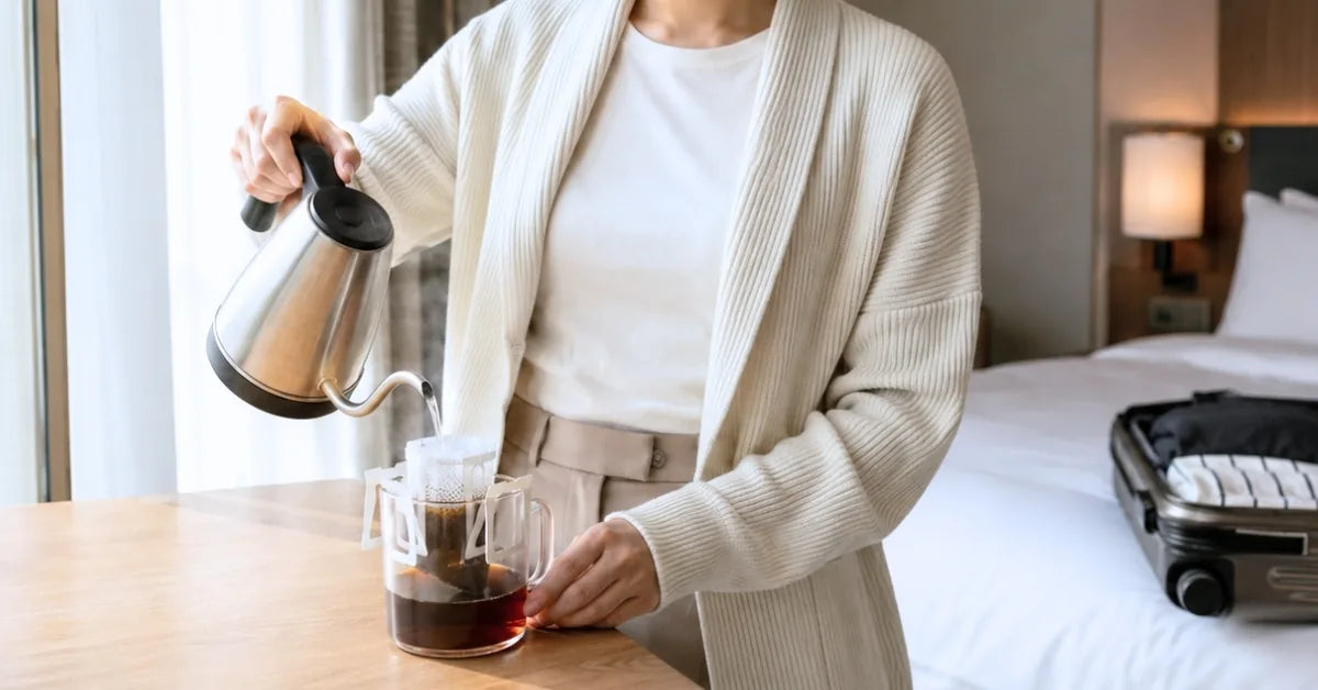 Brewing a KNDZ drip bag coffee in a hotel room without a coffee maker